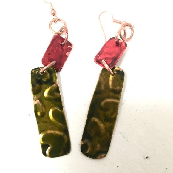 Green Red Pure Hand Painted Solid Copper Dangle Earrings Boho Christmas Gift - Picture 6 of 13